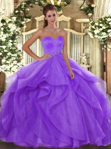 Lavender Tulle Lace Up Quince Ball Gowns Sleeveless Floor Length Beading and Ruffles