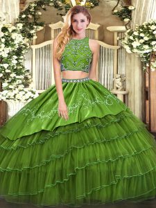 Customized Olive Green Two Pieces Beading and Embroidery and Ruffled Layers Sweet 16 Quinceanera Dress Zipper Tulle Sleeveless Floor Length