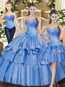 High End Sleeveless Floor Length Beading and Ruffled Layers Lace Up Quince Ball Gowns with Baby Blue