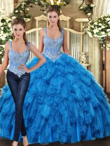 Attractive Floor Length Teal 15th Birthday Dress Tulle Sleeveless Beading and Ruffles