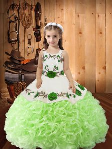 Trendy Yellow Green Lace Up Straps Embroidery and Ruffles Child Pageant Dress Fabric With Rolling Flowers Sleeveless