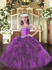 Exquisite Fuchsia Organza Lace Up Little Girls Pageant Dress Wholesale Sleeveless Floor Length Beading and Ruffles