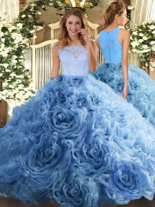 Charming Fabric With Rolling Flowers Scoop Sleeveless Zipper Beading and Ruffles 15 Quinceanera Dress in Baby Blue
