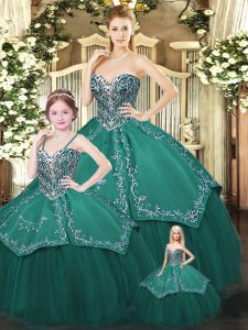 Attractive Dark Green Ball Gowns Satin and Tulle Sweetheart Sleeveless Embroidery Floor Length Lace Up Quinceanera Dresses