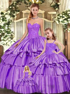 Sleeveless Floor Length Beading and Ruffled Layers Lace Up Quinceanera Gowns with Eggplant Purple