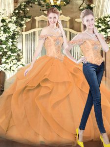 Graceful Floor Length Lace Up Sweet 16 Quinceanera Dress Orange Red for Military Ball and Sweet 16 and Quinceanera with Beading and Ruffles