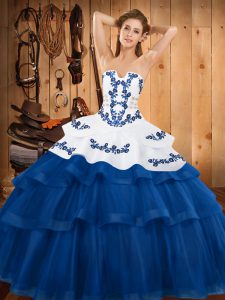 Sleeveless Tulle Sweep Train Lace Up Sweet 16 Quinceanera Dress in Blue with Embroidery and Ruffled Layers
