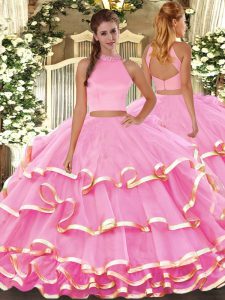 Perfect Rose Pink Sleeveless Organza Backless Ball Gown Prom Dress for Military Ball and Sweet 16 and Quinceanera
