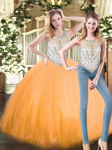 Fitting Two Pieces 15th Birthday Dress Orange Red Scoop Tulle Sleeveless Floor Length Zipper