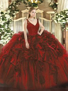 Modern Floor Length Wine Red Quinceanera Gowns Organza Sleeveless Beading and Ruffles