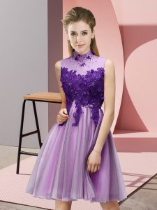 Spectacular Lilac Empire Tulle High-neck Sleeveless Appliques Knee Length Lace Up Quinceanera Court of Honor Dress