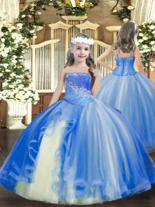 Ball Gowns Kids Formal Wear Baby Blue Straps Tulle Sleeveless Floor Length Lace Up