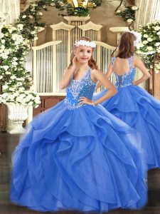 Fashionable Blue Lace Up V-neck Beading and Ruffles Little Girl Pageant Gowns Tulle Sleeveless