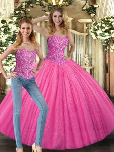 Hot Pink Ball Gowns Sweetheart Sleeveless Tulle Floor Length Lace Up Beading Sweet 16 Dresses