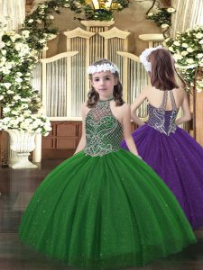 Dazzling Ball Gowns Kids Formal Wear Dark Green Halter Top Tulle Sleeveless Floor Length Lace Up