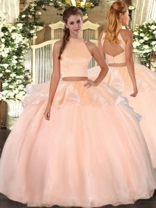 Low Price Sleeveless Organza Floor Length Backless Quinceanera Gown in Peach with Beading