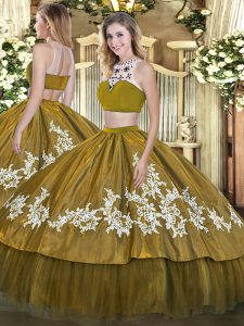 Olive Green Tulle Backless High-neck Sleeveless Floor Length Sweet 16 Quinceanera Dress Beading and Appliques