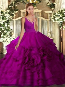 Low Price Fuchsia Organza Backless Sweet 16 Quinceanera Dress Sleeveless Floor Length Beading and Ruffled Layers