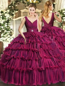 Delicate Fuchsia Ball Gowns Beading and Ruffled Layers 15 Quinceanera Dress Backless Organza Sleeveless Floor Length