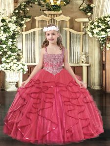 Ball Gowns Little Girl Pageant Gowns Coral Red Straps Tulle Sleeveless Floor Length Lace Up