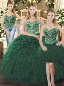 Dark Green Sweet 16 Quinceanera Dress Military Ball and Sweet 16 and Quinceanera with Beading and Ruffles Sweetheart Sleeveless Lace Up
