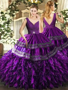 Captivating Sleeveless Organza Floor Length Backless Quinceanera Dress in Eggplant Purple with Beading and Ruffles and Ruching