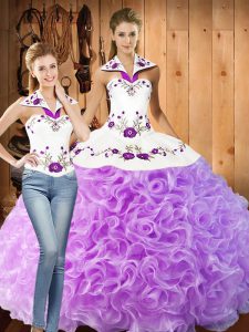 Trendy Lilac 15 Quinceanera Dress Military Ball and Sweet 16 and Quinceanera with Embroidery Halter Top Sleeveless Lace Up
