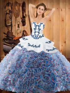 Satin and Fabric With Rolling Flowers Sleeveless With Train Sweet 16 Dresses Sweep Train and Embroidery