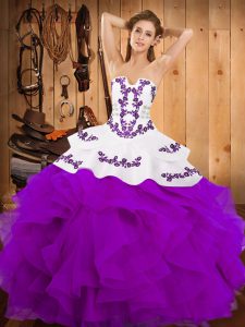 Strapless Sleeveless Quinceanera Dress Floor Length Embroidery and Ruffles Purple Satin and Organza