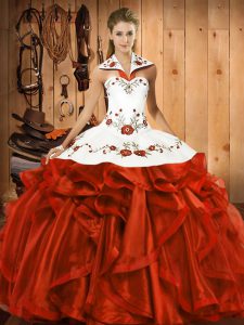 Halter Top Sleeveless Lace Up Quinceanera Gowns Rust Red Satin and Organza
