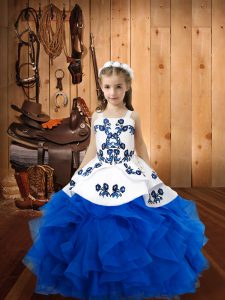 High End Blue Straps Neckline Embroidery and Ruffles Winning Pageant Gowns Sleeveless Lace Up