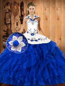 Blue And White Sleeveless Satin and Organza Lace Up Quinceanera Dress for Military Ball and Sweet 16 and Quinceanera