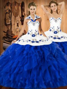 Blue And White Halter Top Neckline Embroidery and Ruffles Quinceanera Gown Sleeveless Lace Up