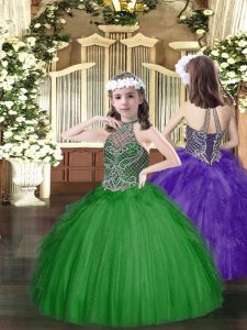 High End Dark Green Little Girls Pageant Dress Wholesale Party and Quinceanera with Beading and Ruffles Halter Top Sleeveless Lace Up