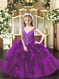 Ball Gowns Pageant Dress Toddler Purple V-neck Organza Sleeveless Floor Length Lace Up