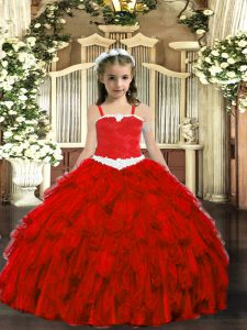 Eye-catching Sleeveless Organza Floor Length Lace Up Little Girls Pageant Gowns in Wine Red with Appliques and Ruffles