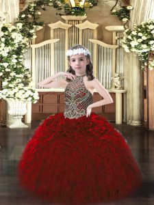 Custom Made Sleeveless Floor Length Beading and Ruffles Lace Up Little Girl Pageant Dress with Wine Red