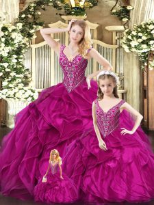 Attractive Ruffles Quinceanera Gowns Fuchsia Lace Up Sleeveless Floor Length