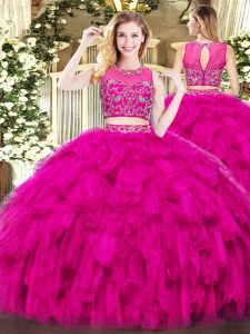Perfect Fuchsia Zipper Scoop Beading and Ruffles Quinceanera Gowns Tulle Sleeveless