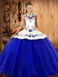 Traditional Ball Gowns 15 Quinceanera Dress Blue And White Halter Top Satin and Tulle Sleeveless Floor Length Lace Up