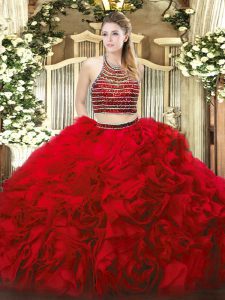Sweet Red Sleeveless Tulle Zipper Ball Gown Prom Dress for Military Ball and Sweet 16 and Quinceanera