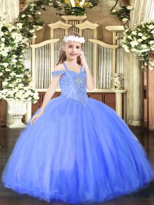 Unique Off The Shoulder Sleeveless Child Pageant Dress Floor Length Beading Blue Tulle