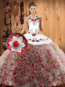 Halter Top Sleeveless Fabric With Rolling Flowers Quinceanera Dresses Embroidery Sweep Train Lace Up