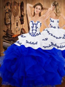 Colorful Sleeveless Satin and Organza Floor Length Lace Up Sweet 16 Quinceanera Dress in Blue And White with Embroidery and Ruffles