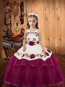 Fuchsia Ball Gowns Organza Straps Sleeveless Embroidery and Ruffled Layers Floor Length Lace Up Little Girls Pageant Gowns