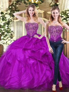 Purple Sleeveless Organza Lace Up Vestidos de Quinceanera for Military Ball and Sweet 16 and Quinceanera