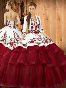 Sweetheart Sleeveless Sweep Train Lace Up Quinceanera Gown Wine Red Organza