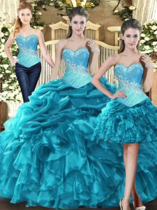 Customized Teal Ball Gowns Beading and Ruffles Vestidos de Quinceanera Lace Up Tulle Sleeveless Floor Length