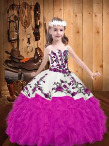 Stylish Floor Length Lace Up Child Pageant Dress Fuchsia for Party and Sweet 16 and Quinceanera and Wedding Party with Embroidery and Ruffles