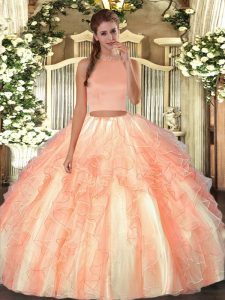 Modern Orange Red Halter Top Neckline Beading and Ruffles Quinceanera Gown Sleeveless Backless